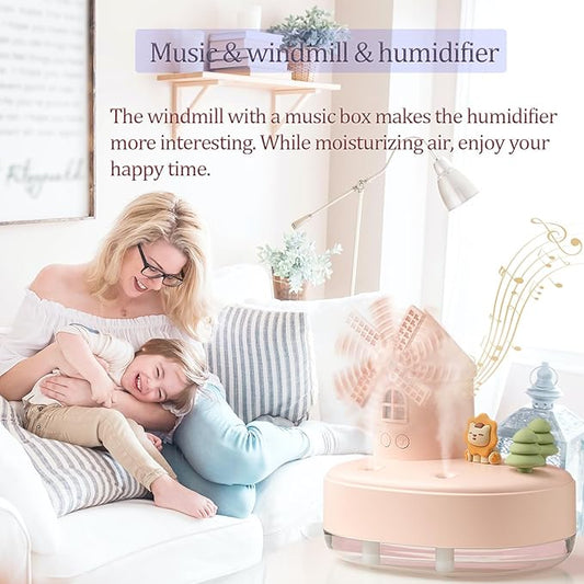 Ultrasonic Humidifiers for Bedroom and Office,Cold fog humidifier with music box, rotary windmill baby humidifier with night light, dual nozzle, two spray modes and ambient light