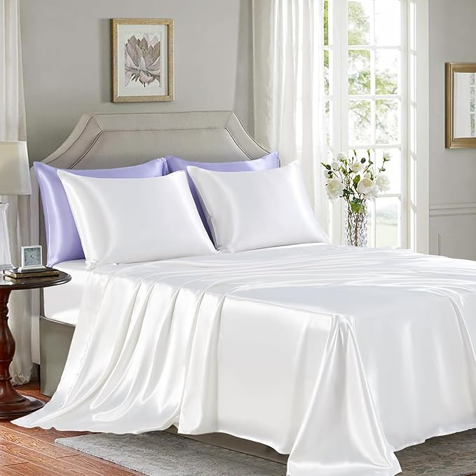 Satin Sheets King Size - 4 Pieces Luxury Silky Soft Bed Sheets, Wrinkle-Free White Satin Silk Sheet Set with 1 Deep Pocket Fitted Sheet, 1 Flat Sheet, 2 Pillow Cases