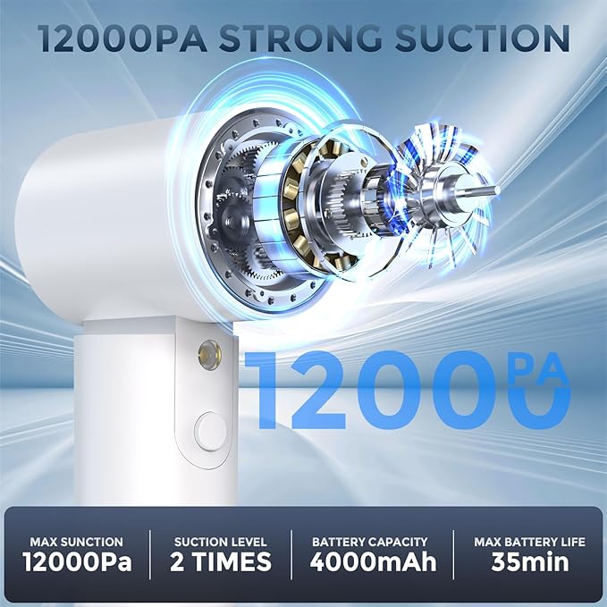 Car Vacuum Cordless: 12000Pa 2 in 1 Handheld Vacuum & Blower - Hand Vacuum Portable Cordless with Led Light, Multi-Nozzles for Car, Home, Office, Pet, Hair White