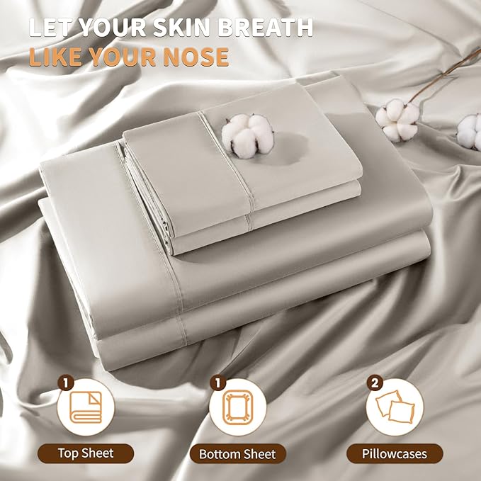 LBRO2M 100% Cotton Sheets Set Deep Pocket 19", 1000 Thread Count Queen Size 4 Piece Bed Sheet Sets Soft Comfortable Bedding All Season (Queen, Taupe) LBRO2MBedding