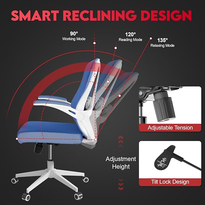 Ergonomic Office Chair - 400LB Comfy Desk Chairs with Lumbar Back Support, Mesh Computer Chairs with Wheels and Arms for Home Office, Study (669Blue-Without Headrest)
