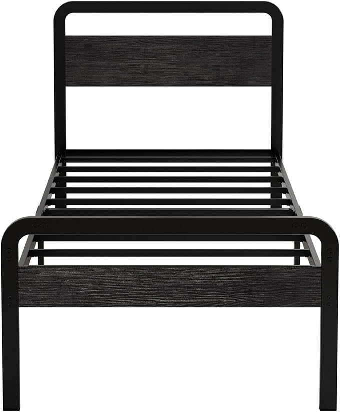 14 Inch Twin Size Bed Frames with Wooden Headboard and Footboard, Rustic Black Wood Bed Frame Twin No Box Spring Needed, Heavy Duty Mattress Foundation, Easy Assembly