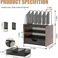 Wood Desk Organizer - 4-Tier Desktop File Organizer with Drawer, Wooden Paper Tray, Vertical File Holders & 2 Pencil Holders - Office Desk Organizer for Papers, Mail, Notebooks, Stationery