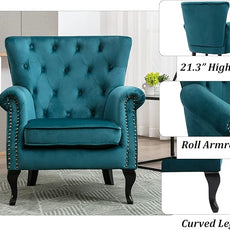 Mid Century Accent Chair Modern Button Tufted Armchair Wingback Club Chair Velvet Single Sofa Lounge Chair with Pillow for Living Room Bedroom, Teal Blue