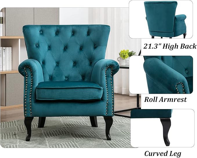 Mid Century Accent Chair Modern Button Tufted Armchair Wingback Club Chair Velvet Single Sofa Lounge Chair with Pillow for Living Room Bedroom, Teal Blue