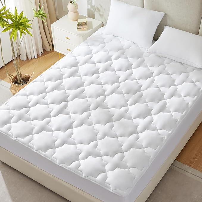 CozyLux Queen Mattress Pad Cotton Cooling Mattress Topper Quilted Fitted Mattress Cover Non Slip Breathable Soft Mattress Protector Up to 21" Deep Pocket Thick Pillowtop 450GSM (60x80) inches White
