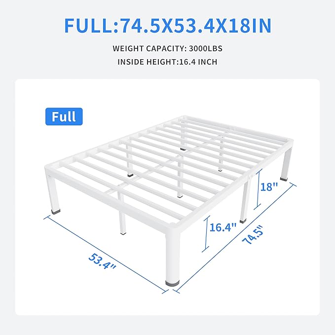 MAF 18 Inch Full Size Bed Frame White with Round Corner Legs Mattress Slide Stopper No Box Spring Needed Heavy Duty Metal Platform Bed Frames Under-Bed Storage Space, 3000 LBS Steel Slats Support
