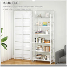 4NM No Assembly 6 Tiers Folding Bookshelf Storage Shelves Vintage Bookcase Standing Racks Study Organizer Home Office (All White)