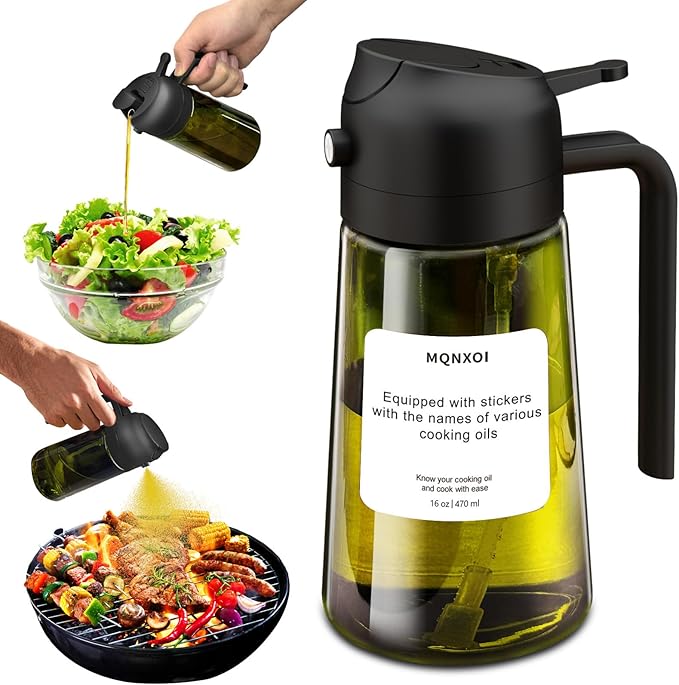 2 in 1 Glass Oil Sprayer & Dispenser,16oz/470ml Olive Cooking, Air Fryer, and Salad, for Kitchen Gadgets and Air Fryer Accessories, w/Stickers (Black + Dark Green Bottle 2)