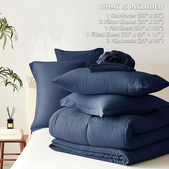 CozyLux Queen Comforter Set Navy Blue - 7 Pieces Bed in a Bag Queen, All Season Breathable Bedding Sets, Oeko-Tex Certified Bed Set with Down Alternative Comforter, Sheets, Pillowcases & Pillow Shams