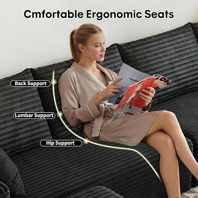 168.5" Modular Sectional Sofa, Oversized U-Shaped Minimalist Couches with 1 Middle Seat and 2 Ottomans Chaise, Modern Deep Seat Convertible Sleeper Sofa, Cloud Plush Corduroy Fabric,7 Seater, Black