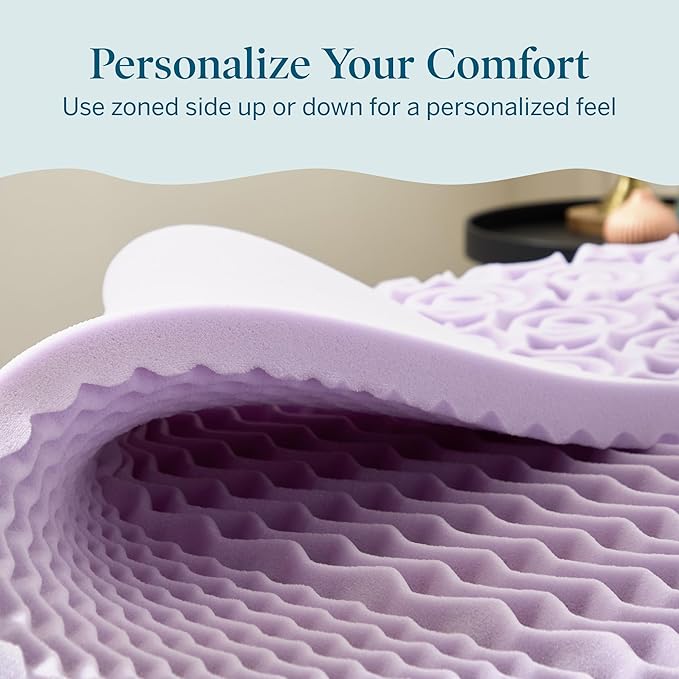 LUCID Lavender Infused 2 Inch Memory Foam Mattress Topper with 5 Zones – Queen Size – Plush Feel – CertiPUR Certified – Dorm Room Essentials