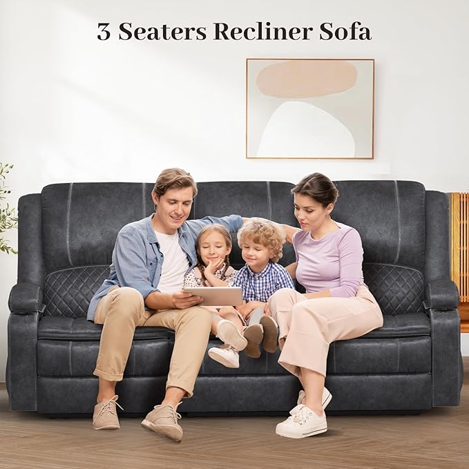 3 Seater Recliner Sofa Set with 2-Tier Cushion, 3+1 Pieces in Living Room, 3 Seater Reclining Couch Velvet Fabric with Removable Console, 1 Oversize Recliner Chair Sofa Seat - Grey