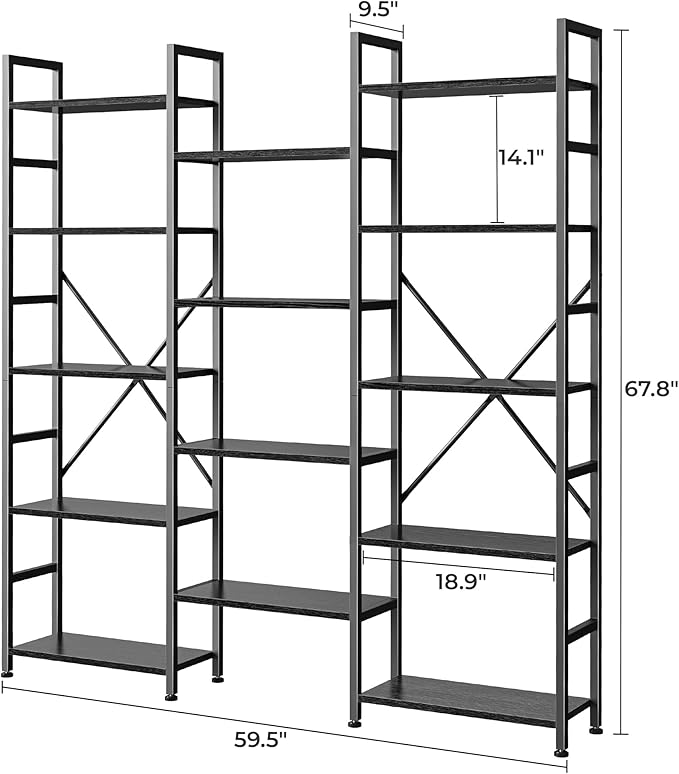 SUPERJARE Triple 5 Tier Bookshelf, Bookcase with 14 Open Display Shelves, Wide Book Shelf Book Case for Home & Office, Black