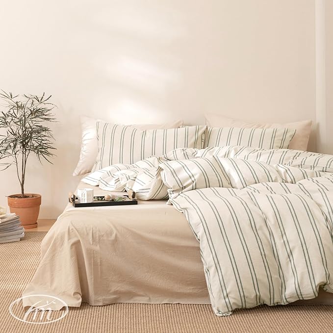 VM VOUGEMARKET 100% Washed Cotton Striped Duvet Cover Sets King,Beige Duvet Cover with Gray Stripes Pattern Printed Comforter Cover with Zipper Closure & Corner Ties(3pcs,King Size)