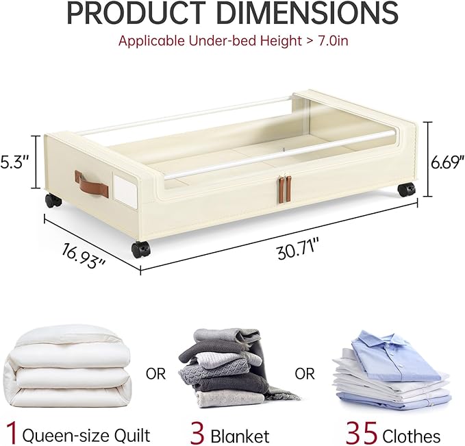 Yecaye Under Bed Storage with Wheels, 2 Pack Under Bed Storage Containers, 60L Underbed Shoe Storage with Clear Window & Label, Rolling Under Bed Metal Drawer for Clothes, Shoes, Books, Blankets