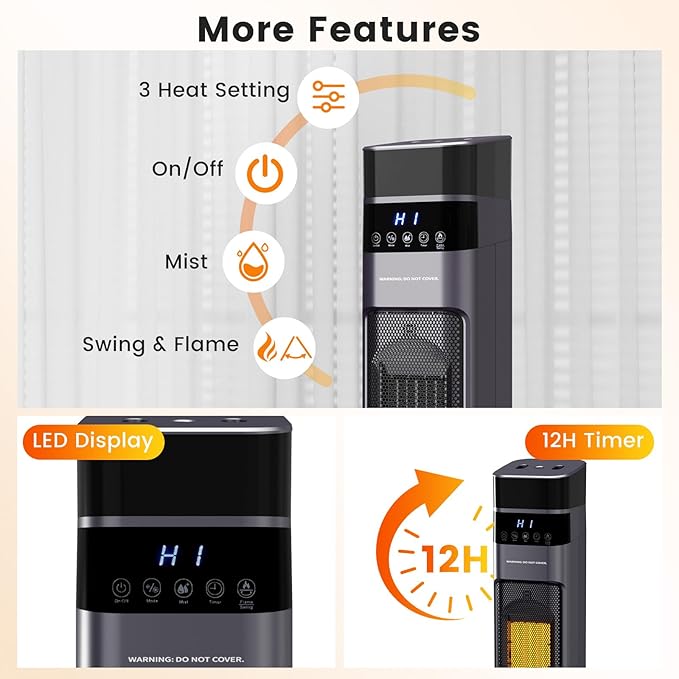 VCJ 31" Space Heaters with Humidifier, 12H Timer Electric Heater for Indoor Use, Remote, 120° Oscillation, Overheat & Tip-Over Protection, Quiet Portable Tower Heater for Bedroom Living Room Garage