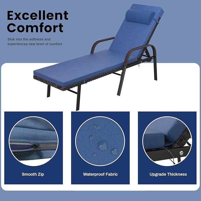 Patio Chaise Lounge Set 3 Pieces Pool Lounge Chairs,Cushioned Outdoor Folding Lounge Chair w/Arm and Rattan Adjustable Backrest for Poolside Porch,Folding Table Included,NavyBlue