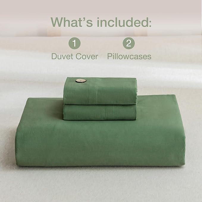 JELLYMONI Cotton Duvet Cover Super King Size - Green Comforter Cover with Button 100% Washed Cotton 3PCS Breathable Soft Solid Bedding Set Duvet Cover 116×98in & 2 Pillowcases (NO Comforter)