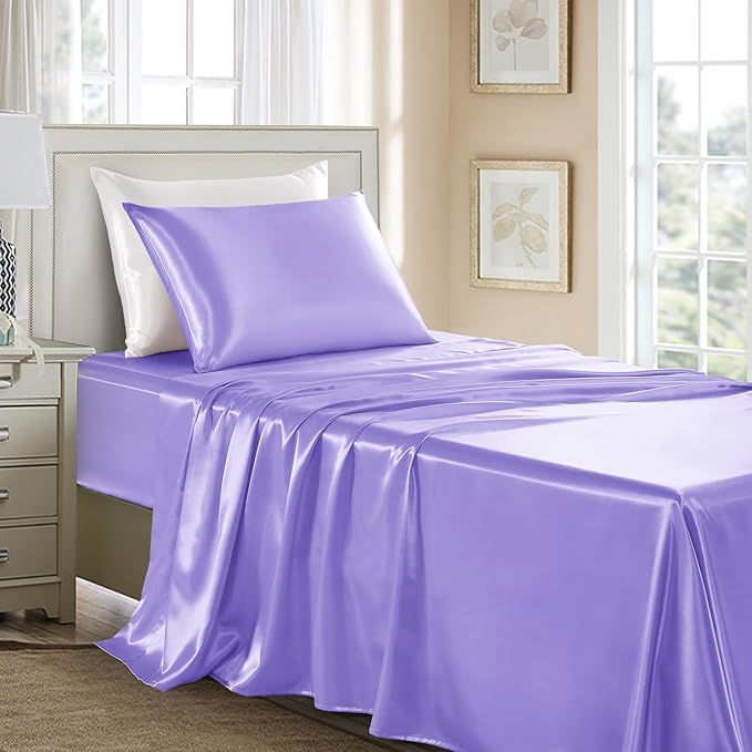 Satin Sheets Twin Size - 3 Pieces Luxury Silky Soft Bed Sheets for Kids, Wrinkle-Free Lavender Satin Silk Sheet Set with 1 Deep Pocket Fitted Sheet, 1 Flat Sheet, 1 Pillow case