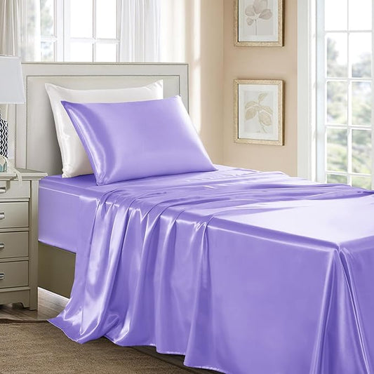 Satin Sheets Twin Size - 3 Pieces Luxury Silky Soft Bed Sheets for Kids, Wrinkle-Free Lavender Satin Silk Sheet Set with 1 Deep Pocket Fitted Sheet, 1 Flat Sheet, 1 Pillow case