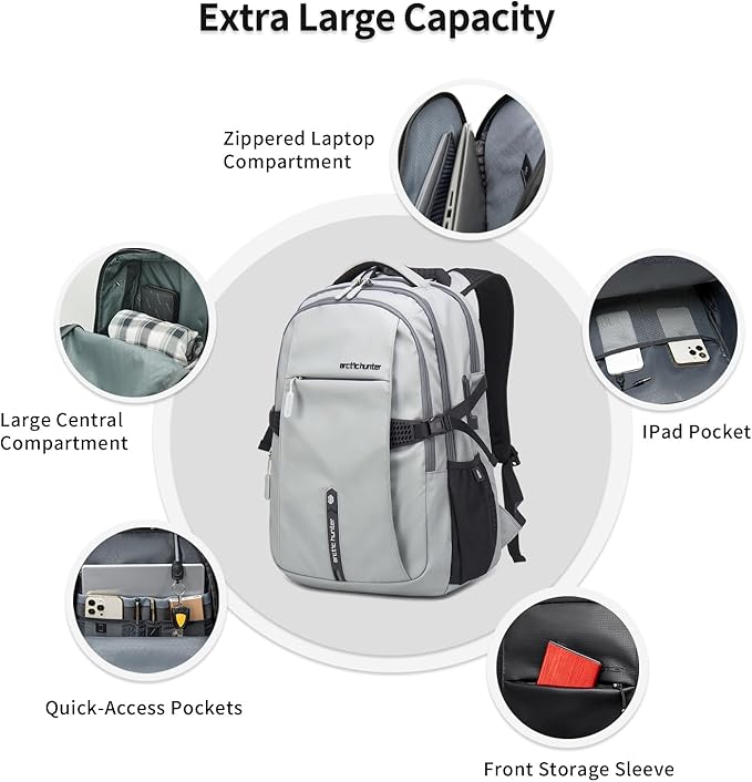 ARCTIC HUNTER AH Travel Carry On 15.6" Laptop Backpack for Men, Large 30L Anti-Theft & Waterproof Backpacks Flight Approved for Business, Commuting, Work, Weekend Casual Daypack, Grey, Silver
