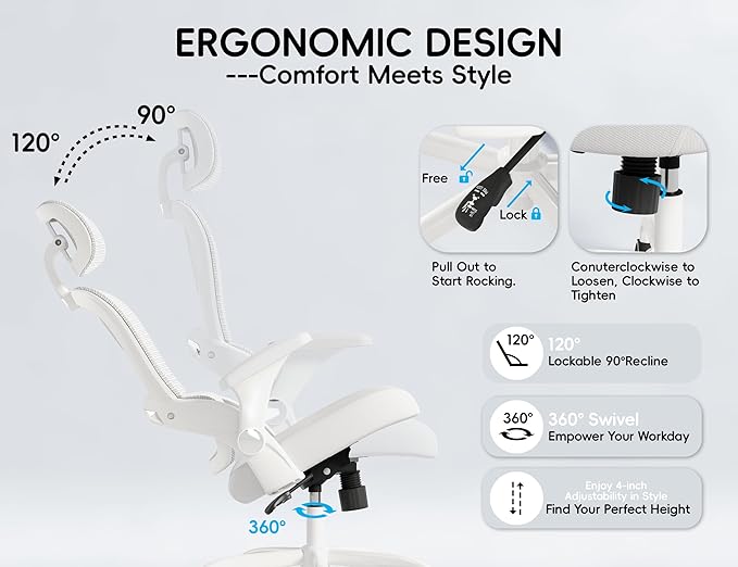 TRALT Office Chair - Ergonomic Office Chair with Back Support, Computer Chair - Home Office Desk Chairs, 330lbs Wide Seat Big and Tall Office Chairs with Headrest, Comfy Desk Chairs (White)
