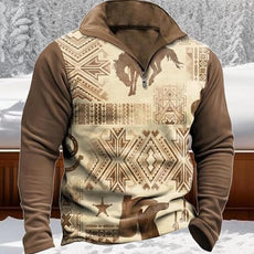Western Sweatshirts for Men Aztec Cowboy Vintage Graphic Fleece Hoodie Mens Quarter Zip Pullover Country Jacket