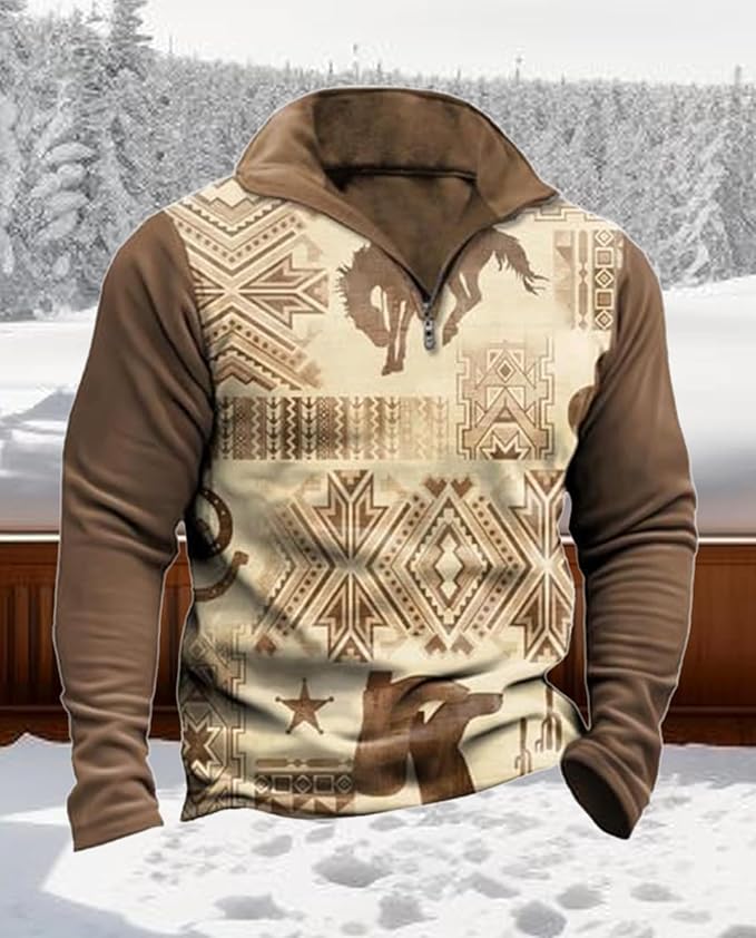 Western Sweatshirts for Men Aztec Cowboy Vintage Graphic Fleece Hoodie Mens Quarter Zip Pullover Country Jacket