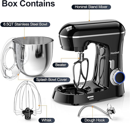 Stand Mixer, 6.5QT 10-Speed Tilt-Head Electric Stand Mixer, 3-In-1 Kitchen Mixer with Bowl, Dough Hook, Whisk and Beater, Food Mixer for Baking, Cake and Most Home Cooks, Black