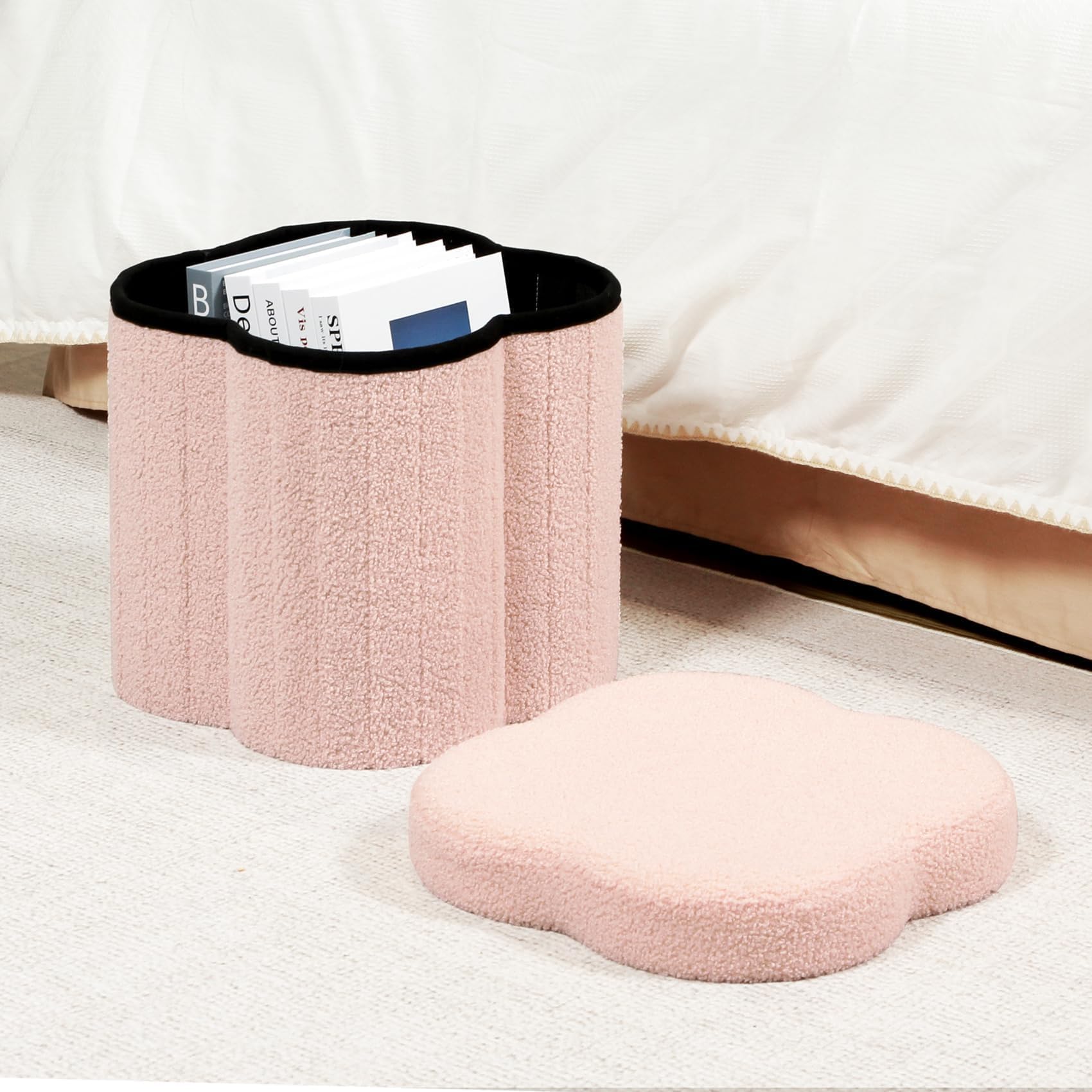 B FSOBEIIALEO Storage Ottoman Cube, Flowers Shaped Ottomans with Storage Foot Stool Footrest for Lving Room, Boucle Ottoman Seat for Dorm Room,Faux Teddy Fur,White 12.6"x12.6"x12.6" Dormly