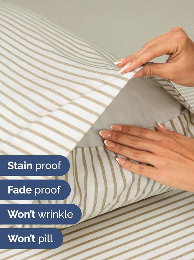 Extra Deep Pocket Twin XL Sheets - 3 Piece Breathable & Cooling Bed Sheets - Hotel Luxury Bed Sheet Set - Soft, Wrinkle Free & Comfy - Easily Fits Extra Deep Mattresses - Beige Striped Sheets Set