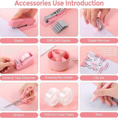 SKYDUE Pink Office Supplies Set, Pencil Holder for Desk,Gel Pen, Stapler, Tape Dispenser, Scissors,Clips and 1000pcs Staples, Office Decor for Women, Pink Desk Accessories