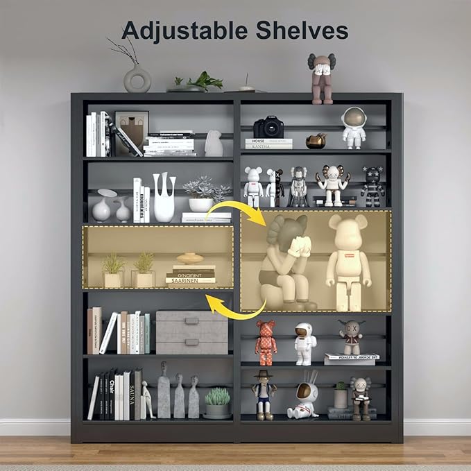 5 Tier Metal Bookshelf, 69" Tall Bookcase with Adjustable Storage Shelves, Heavy Duty Metal Book Shelf Organizer for Living Room, Office, Library, Including Book Stoppers (Black, Set of 2)