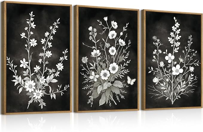 BINCUE Framed Black and White Floral Wall Art Set of 3 Botanical Wall Decor Flower Painting for Living Room Bedroom Office 16x24 Inches