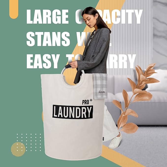 Caroeas Super Large 150L Laundry Basket Pro, Waterproof Laundry Hamper, Collapsible Laundry Basket Easy Storage, Clothes Hamper Stands Up Well, Laundry Bag with Padded Handles (Beige)