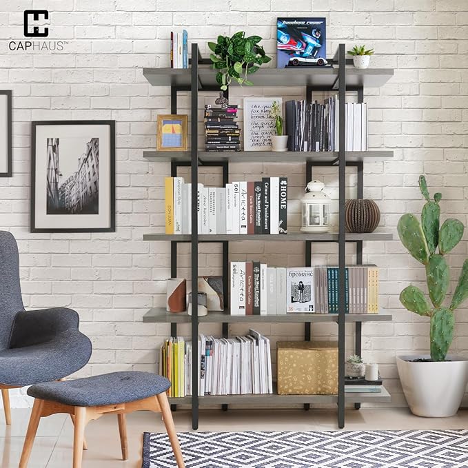 CAPHAUS 5-Tier Book Shelf, 71” H Vintage Industrial Bookcase with Open Display Shelving, Wooden and Metal Shelving Unit, Bookshelves and Bookcases, Stand Shelf for Bedroom, Home Office, Dark Grey