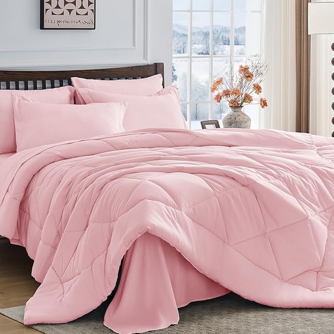 HEVUMYI Pink Full Comforter Set - 7-Piece All Season Bed in a Bag Full, Ultra Soft Bedding Set with Comforter, Flat Sheet, Fitted Sheet, Pillowcases, Pillow Shams, Pink