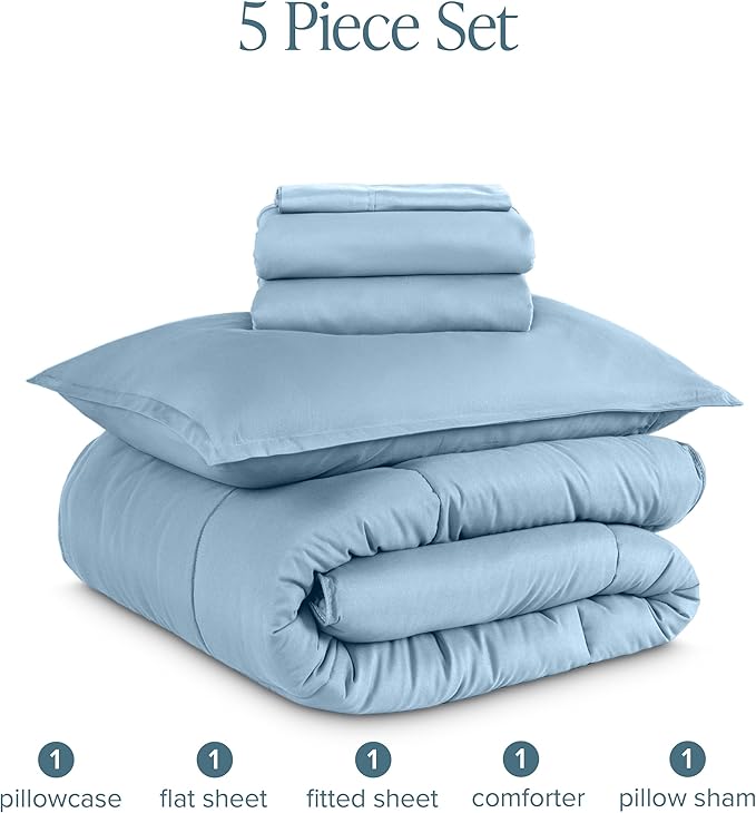 Bare Home Bed-in-A-Bag 5 Piece Comforter & Sheet Set - Twin - Goose Down Alternative - Ultra-Soft 1800 Premium Bed Set (Twin, Light Blue/Light Blue)