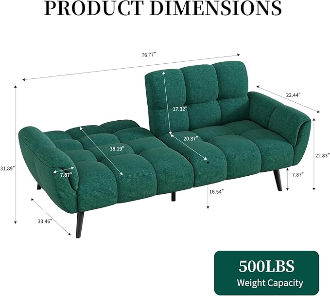 Futon Sofa Bed, Convertible 77" Modern Linen Futon Couch, Comfy Sleeper Sofa with Adjustable Backrests, Couch Bed for Small Spaces, Living Room, Bedroom, Apartment, Forest Green