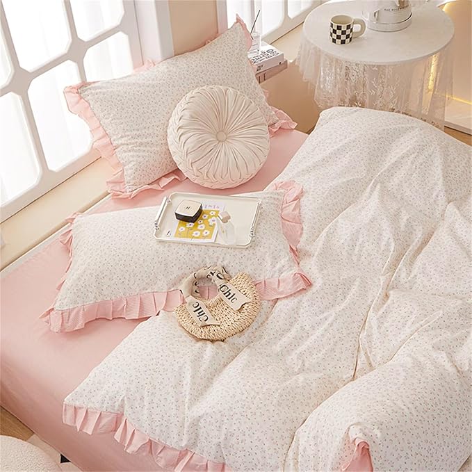 MKXI Full Size Small Floral Ruffle Comforter Set - 3 Piece Countryside Floral Comforter with Pillow Shams, Reversible White Pink Princess Bedroom Collection, Soft Aesthetic Bedding Set for Teen Girls