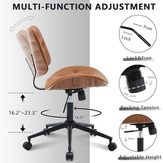 Armless Home Office Chair with Wheels, PU Leather Adjustable Height Computer Desk Chair, 360 Swivel Small No Arms Chair, Modern Button Walnut Style for Office, Reading Meeting Room(Brown)