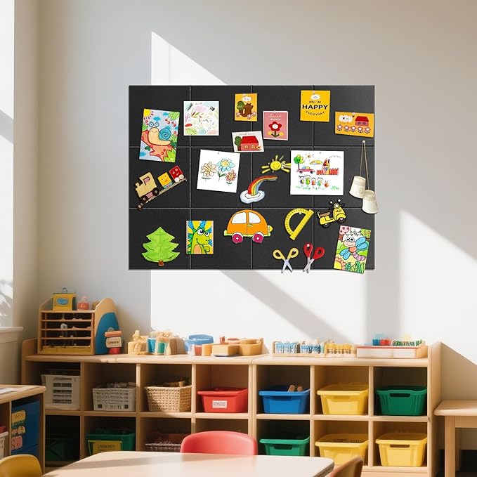 TSJOFFICE Large Cork Board for Wall - Bulletin Board 48" x 36" with 50 Pushpins for Office Decor, Pin Board 12 Pack Felt Wall Tiles with Safe Removable Adhesive Tabs, Corkboard for Home Office - Black