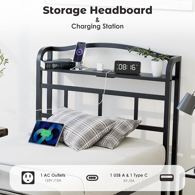 Twin Bed Frame - Heavy Duty Metal Bedframe with Storage Headboard Charging Station, Easy Assembly, No Box Spring Needed, 18 Inch, Black