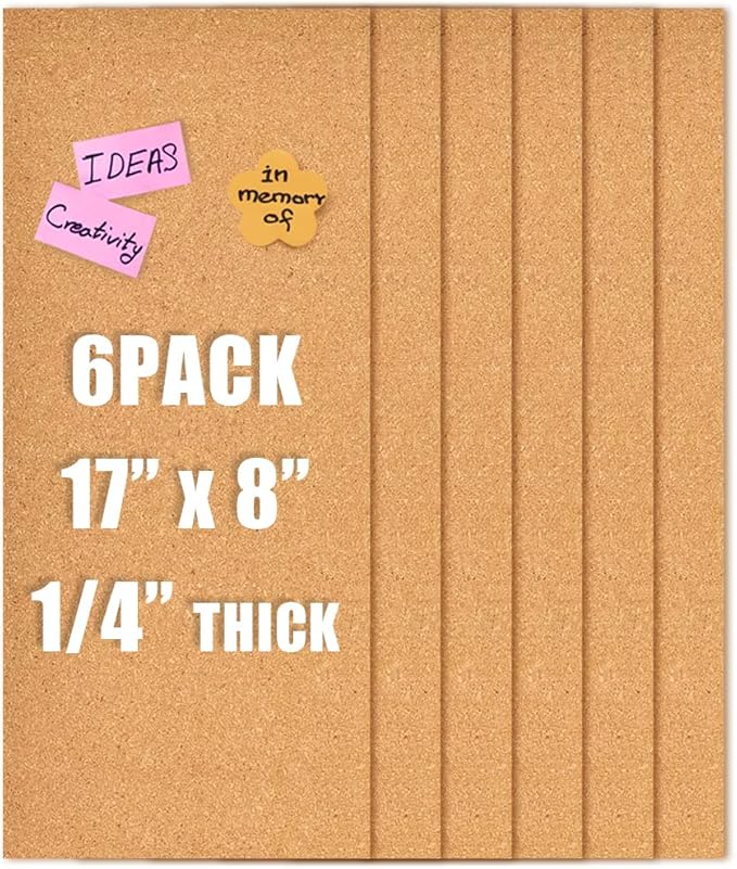 17x8 Cork Board Tiles Bulletin Board, 1/4" Thick Self-Adhesive Cork Boards for Walls, Cork Tiles Vision Board for Home, Office, School, Bulletin Board Decorations(6mm,6pc)