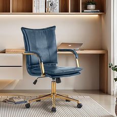 MOJAY Mid-Back Ergonomic Leather Office Chair, Modern Upholstered Executive Desk Chair with Gold Frame Armrest Computer Task Chair (DarkBlue)