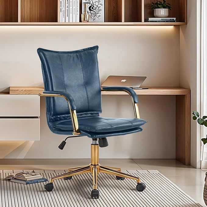 MOJAY Mid-Back Ergonomic Leather Office Chair, Modern Upholstered Executive Desk Chair with Gold Frame Armrest Computer Task Chair (DarkBlue)