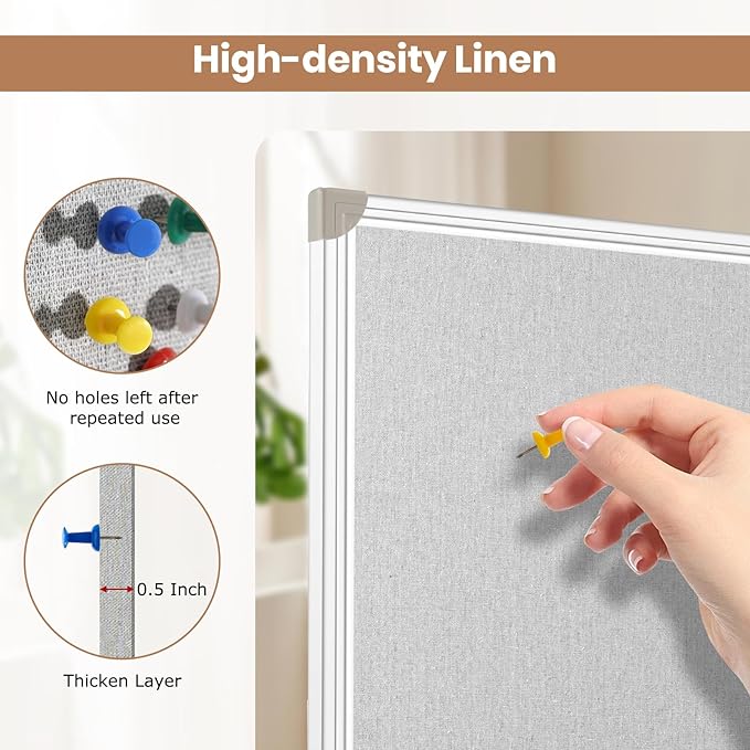 DOLLAR BOSS Foldable Linen Board, 48 x 36 Inch Corkboard, Large Bulletin Board, Portable Double Sided Aluminum Frame Wall Mounted Pin Board for Office School Dorm Supplies with 20 Push Pins, Grey