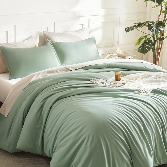 Litanika Comforter Set, Lightweight Solid Bedding Comforter Set, Fluffy Down Alternative Bed Set, Sage Green, Super King Plus