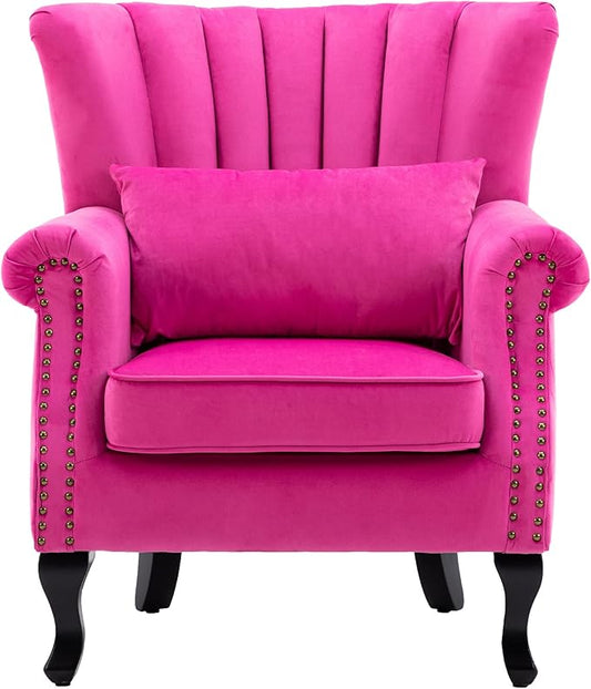 Mid Century Accent Chair Modern Tufted Wingback Armchair Club Chair Velvet Fabric Single Sofa Lounge Chair with Pillow for Living Room Bedroom, Rose Pink
